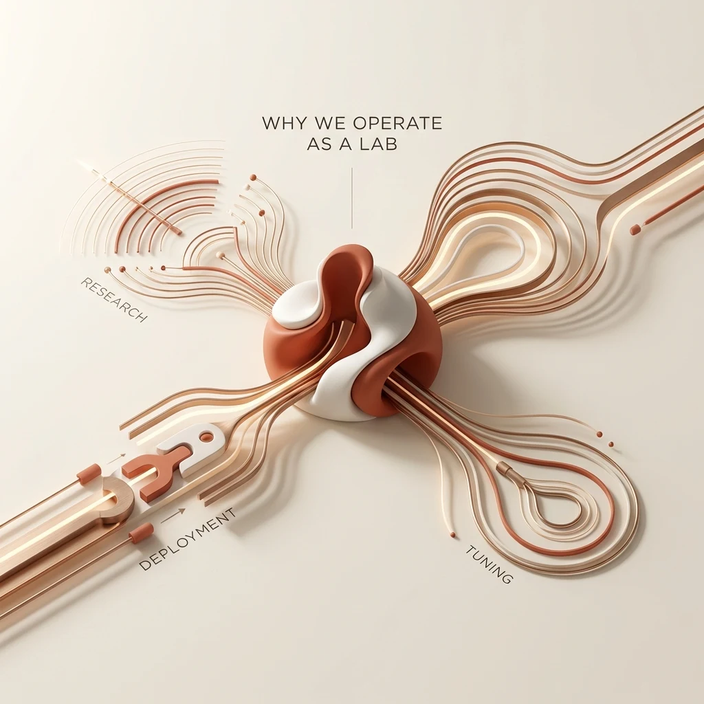 Abstract lab operating model visual combining research, deployment, and tuning into one continuous system
