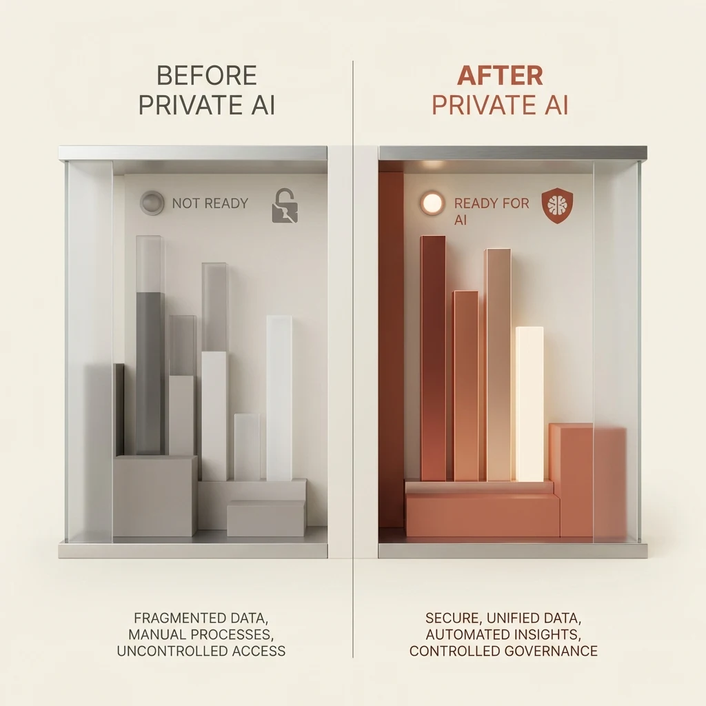 Before and after private AI visual showing fragmented workflows becoming structured, secure operations