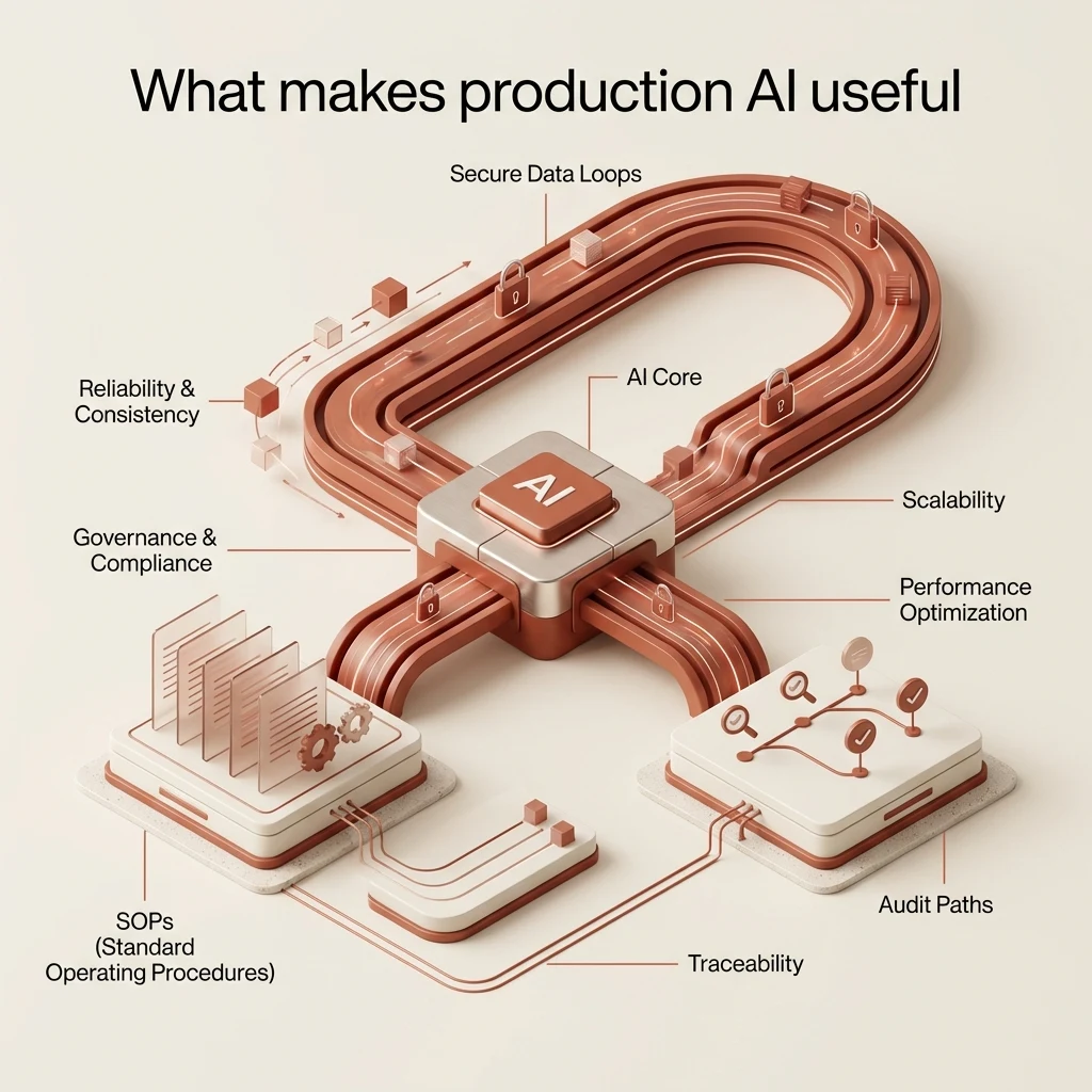 Production AI diagram showing secure data loops, SOP grounding, traceability, and audit paths