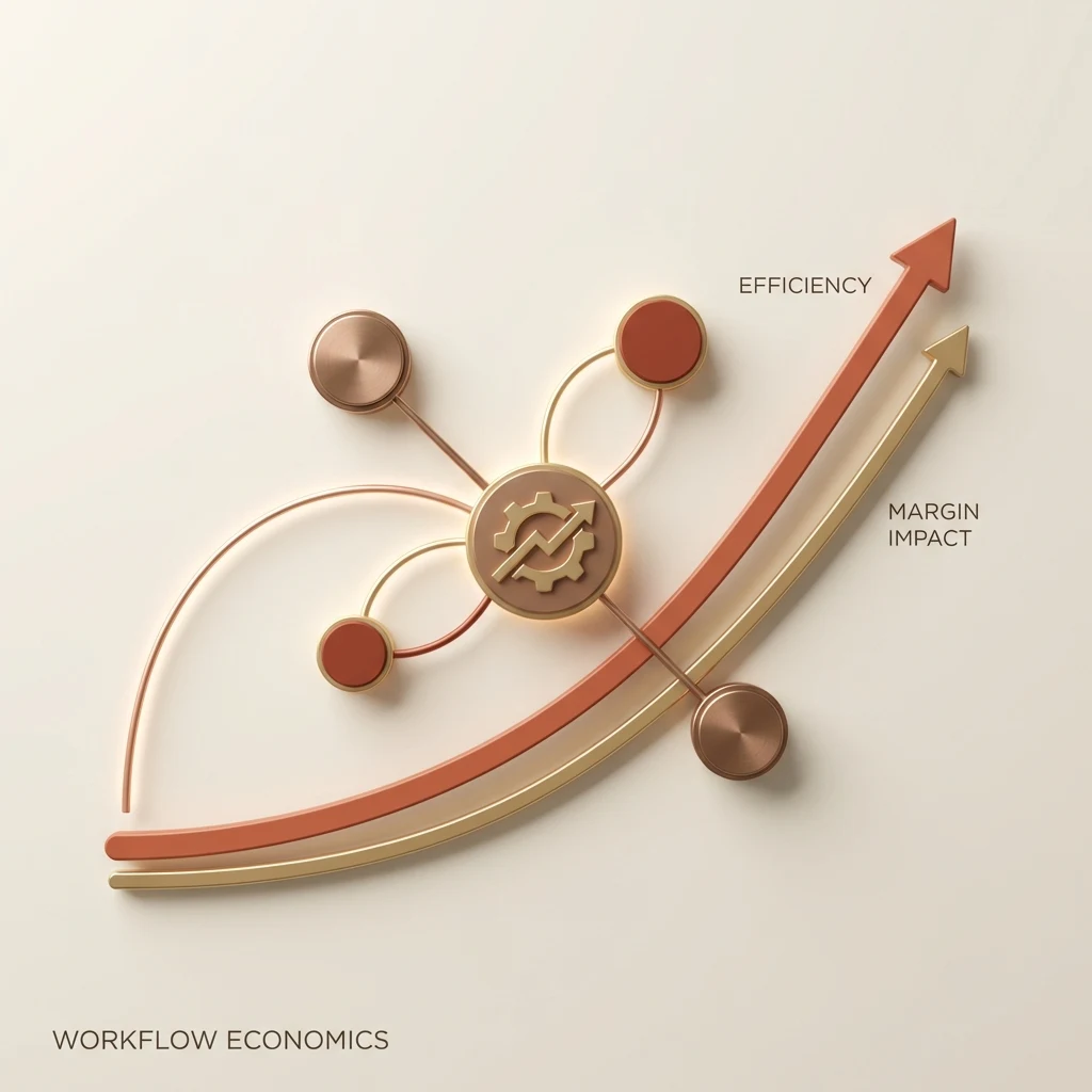 Workflow economics illustration with connected nodes, rising efficiency, and margin impact curves